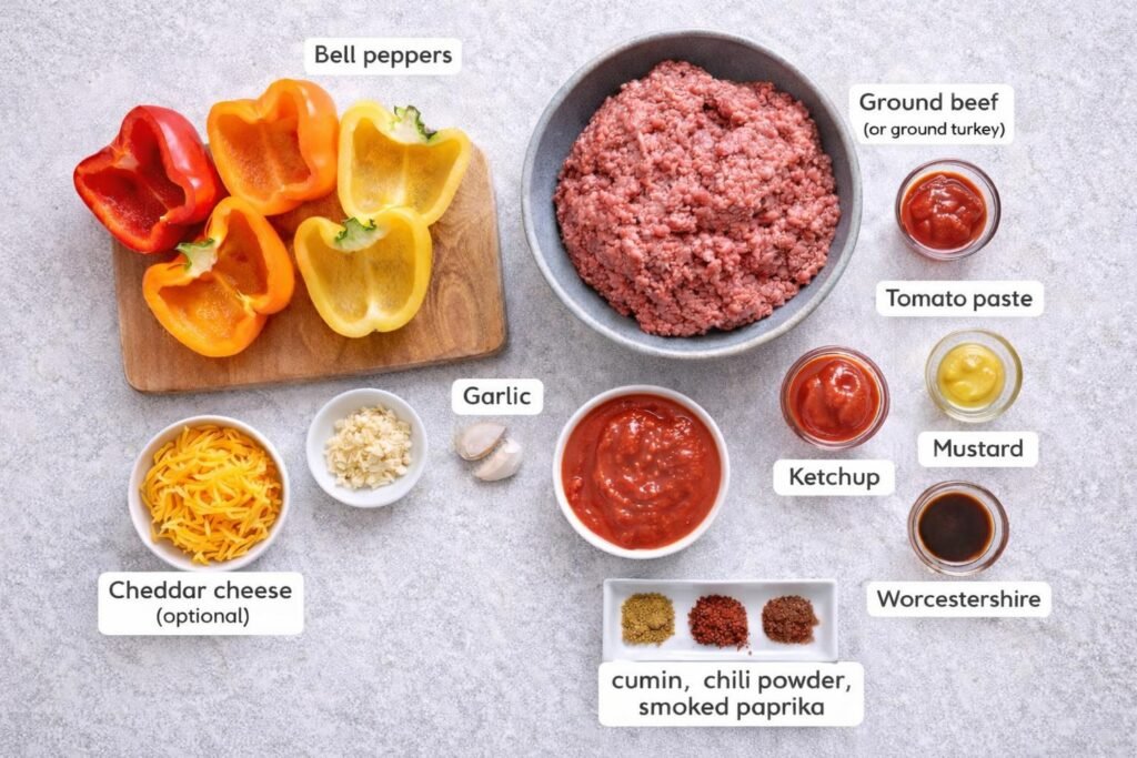Ingredient board for sloppy joe stuffed peppers featuring ground beef, bell peppers, onion, garlic, tomato sauce, tomato paste, ketchup, mustard, Worcestershire sauce, cumin, chili powder, smoked paprika, and shredded cheddar cheese